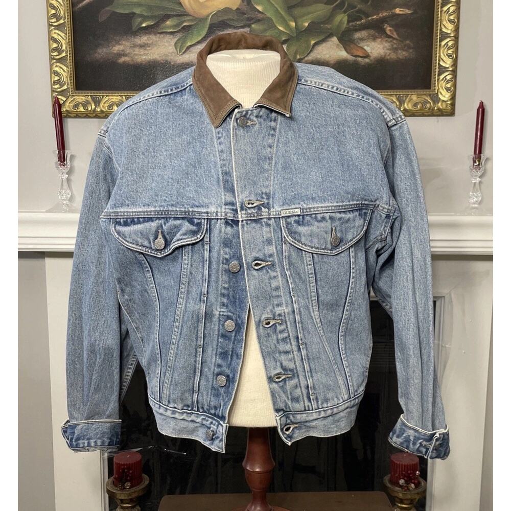 Guess Light Blue Denim Jacket with Brown Corduroy Collar